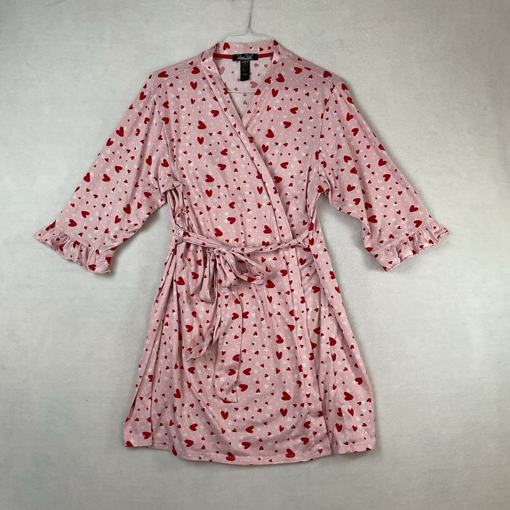 Rene Rofe Sleepwear Bath Robe Womens XL Pink Knit Red Hearts 3/4 Sleeves Ruffles